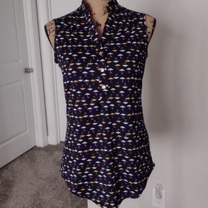 PerSeption Concept Women's Navy Umbrella Design Sleeveless 1/2 Button Bl…